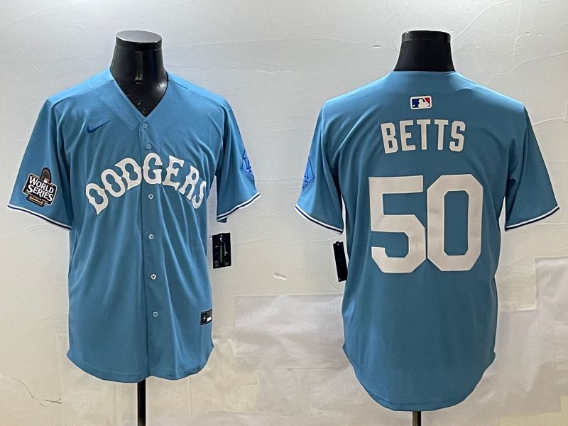 Men Los Angeles Dodgers 50 Betts Light Blue Throwback Game 2025 Nike MLB Jersey style 2